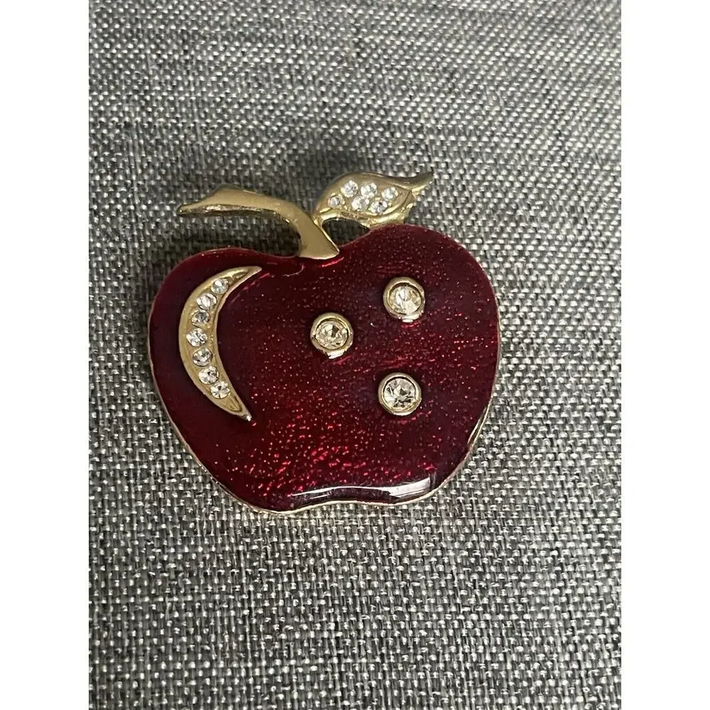 Vintage Enamel Red Apple Brooch Pin Rhinestone Teacher New York